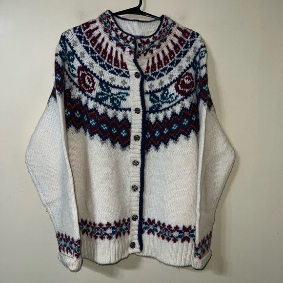 The Woolrich Woman Vintage Wool Rose Floral Patterned Cardigan Sweater XL - Picture 1 of 3